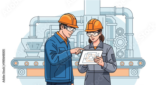 Engineers discussing project plan on tablet in front of industrial machinery and conveyor belt