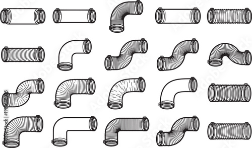 An array of illustrated of various different pipe shapes and designs arranged, conveying a sense of versatility and mechanical.