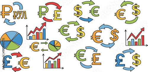 Hand Drawn Currency Exchange and Financial Growth Icons Set with Dollar, Euro, Pound, Ruble Symbols, Charts and Arrows in Doodle Illustration Style