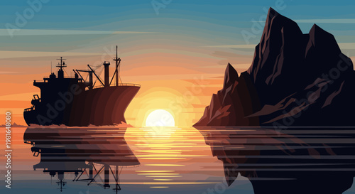 A cargo ship sailing on calm waters towards a vibrant sunset, with a dark rock formation on the horizon, reflecting the colorful sky.