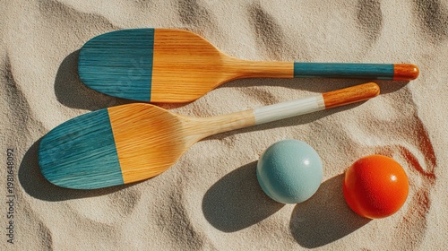 Stylized Beach Paddles with Colorful Balls on Sand Close Up