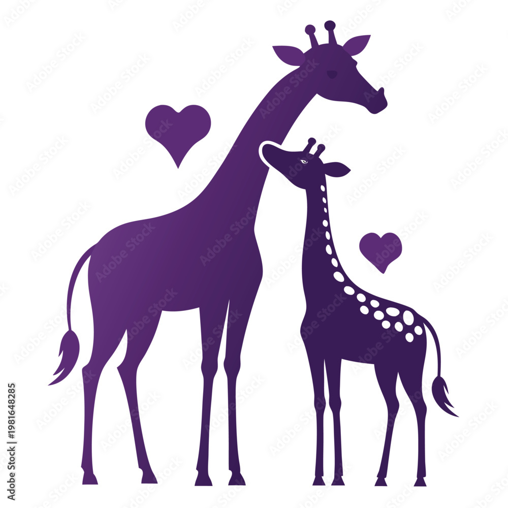 Fototapeta premium Mother giraffe and baby calf silhouette showing love and family bond with hearts