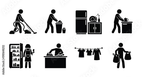 Collection of simple stick figure icons depicting various essential daily household chores and domestic activities on white.