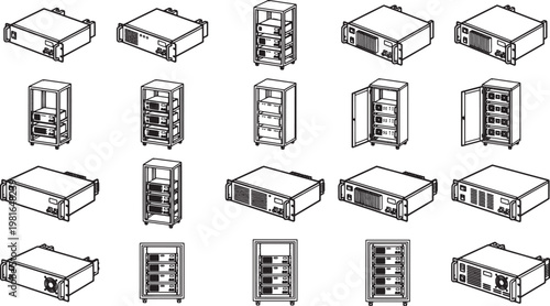 A meticulously curated collection of network servers and data racks showcased in a detailed illustration that showcases the design and the array of configurations.