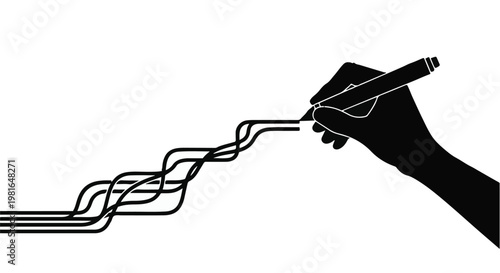 Hand drawing wavy lines with a fountain pen creates an artistic representation of creative flow or data movement that is suitable for design projects requiring clean and minimal graphics.