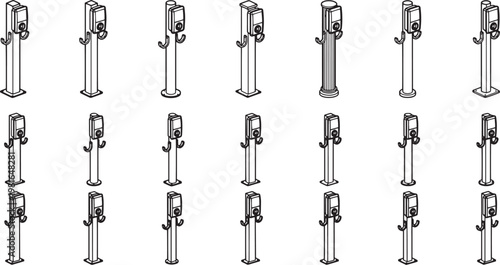 A collection of futuristic charging stations for electric vehicles in a row, symbolizing the future of transport and the shift towards sustainability.