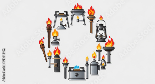 Collection of Flames - Torches, Lanterns, and Stoves in Circular Arrangement.