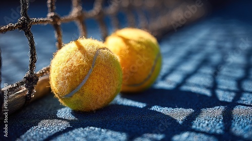 Two Yellow Tennis Ball Detail on Blue Court Sport Game