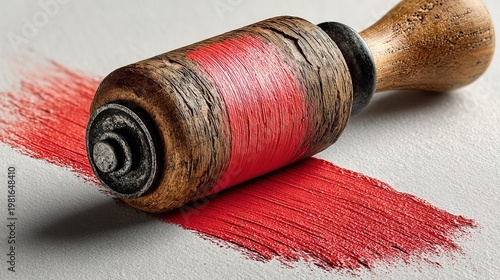 Detailed Close Up Rustic Paint Roller with Red Color Application