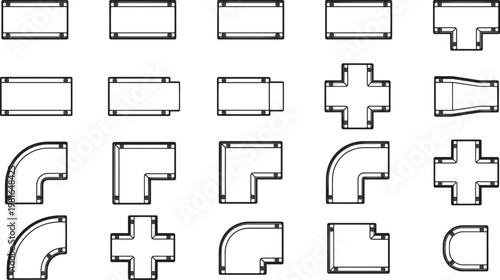 A collection of minimalistic designs of pipe connections, presented in clean black and white, suitable for graphic resource.