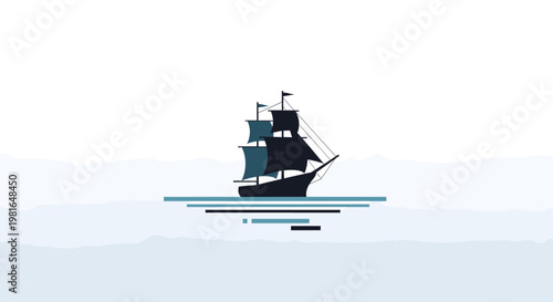 A minimalist flat design illustration of a sailing ship with teal sails on calm blue water, featuring a serene and simple aesthetic.