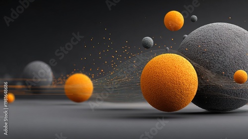 3D Rendered Abstract Fluffy Sphere Floating with Connected Particle Technology Backdrop