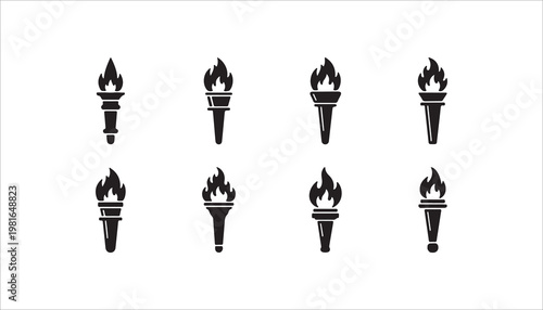 Set of eight stylized torch icons with flame, representing light, power, and inspiration, vector illustration
