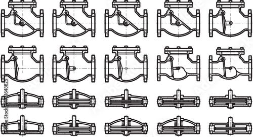 An illustrative, technical diagram showing a collection of metallic non-return valves in meticulous detail, perfectly illustrating mechanical design and functionality.