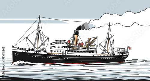 An illustration of a vintage steam cargo ship with a black hull and white superstructure sailing on the water, emitting smoke from its funnel.