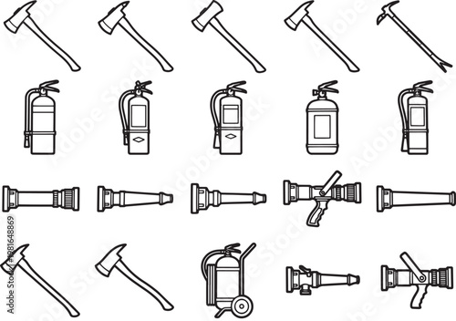Line drawings of essential firefighting equipment stand in a clear, organized arrangement, providing a detailed representation of the tools needed in emergency situations.