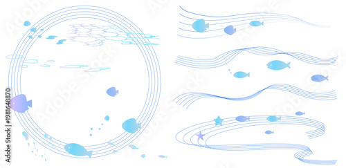 海をイメージしたシンプルな飾り枠線・ラインのイラストセット（波線、波模様、五線譜）　マリン　水面