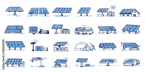 Vector illustration set of furniture icons featuring blue chairs alongside transport vehicle symbols like cars, trucks, and planes for travel and delivery design