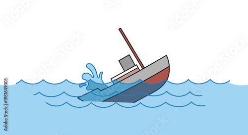 A simple illustration of a small boat sinking in blue water with waves and a splash, depicting a maritime accident or failure.