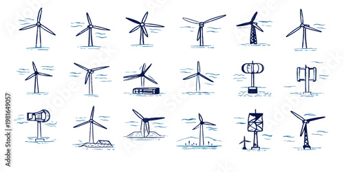 A modern wind power station and turbine farm silhouette stands against a blue sky as a transport aircraft flies past on a business travel flight