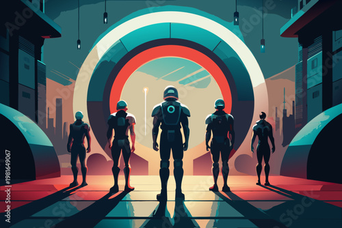 A ring of humanoid robots standing in a perfect circle for vectors