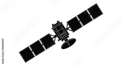 A stark depiction of a satellite with extended solar panels a bold silhouette