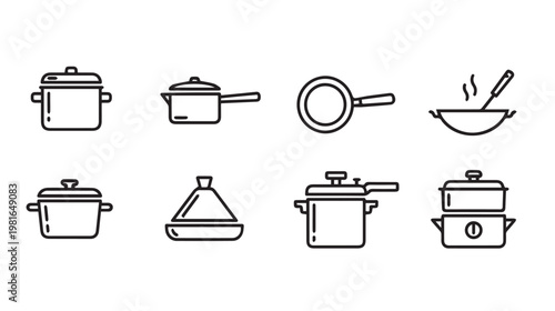 Kitchen Cookware Icons Set: Pots, Pans, Wok, Steamer, Tagine, Stock Pot
