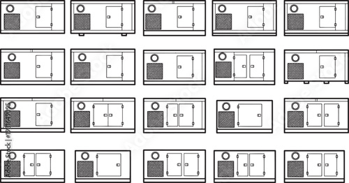A conceptual array of industrial containers, arranged in an abstract pattern. The stark lines and geometric forms hint at the nature of this collection of industrial objects.