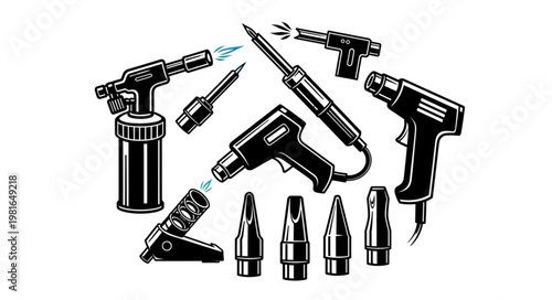 Collection of Soldering and Heat Tools - Detailed Black and White Illustration.