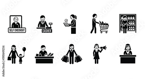 A comprehensive collection of black and white stick figures depicting various retail, shopping, and customer service interactions.