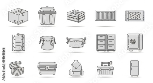 Collection of Storage Containers and Furniture Line Art.