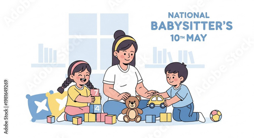 Babysitter and two children playing with toys and teddy bear on floor