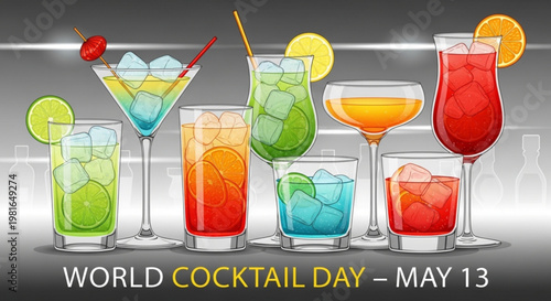 Colorful cocktails with ice and garnishes on a gray gradient background for world cocktail day