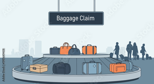 Airport Baggage Claim Conveyor Belt with Luggage and Silhouetted Travelers