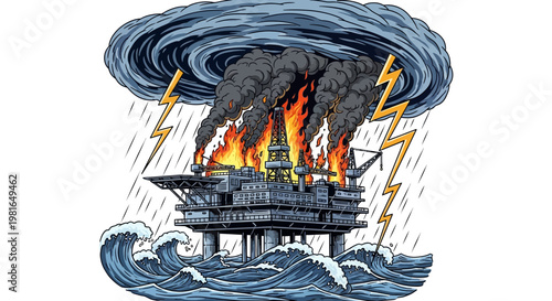 Oil Rig Disaster: Burning Platform in Stormy Seas with Lightning and Hurricane Cloud