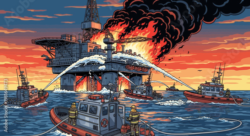Offshore oil rig fire emergency response with firefighting boats spraying water