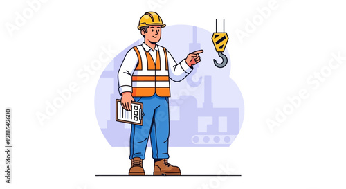 Construction worker in hard hat and vest pointing at crane hook, industrial background