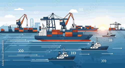 Container Ship Port Loading with Cranes and Cargo Ships in Ocean Logistics