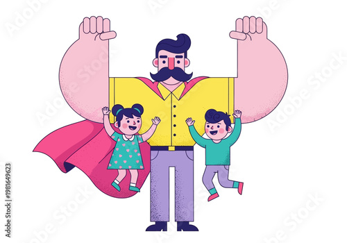 Superhero Father Illustration with Happy Children - Strong Dad Character for Father's Day Concept