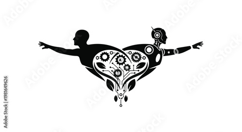 Human figure and robotic entity joined by a mechanical heart represent the harmonious integration of biological life and artificial intelligence within a sustainable future vision of progress.