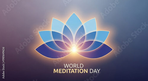 Glowing blue lotus flower for world meditation day symbolizing inner peace and serenity with gradient background