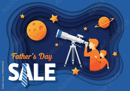 Father's Day Sale Banner in Paper Cut Style with Father and Son Stargazing through Telescope, Astronomy Theme Promotion Background