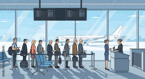 Airport boarding gate with passengers in line and airplane visible outside window