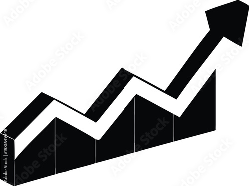 Black and white 3d graph with an upward trend arrow