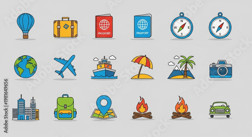 Colorful Travel and Tourism Icon Set - Adventure and Exploration.