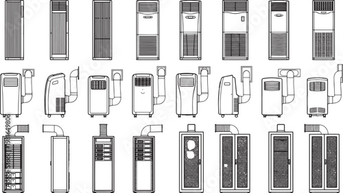 An array of different portable air conditioners and structures depicted in detailed technical drawings.