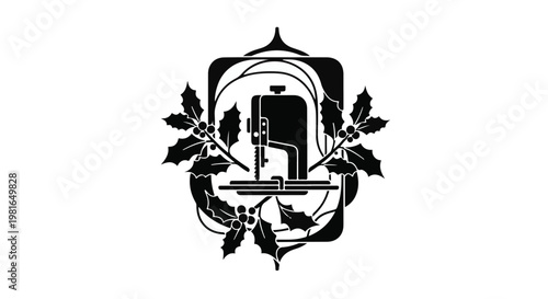 Sewing machine emblem framed by ornate holly leaves and berries signifies the artisanal craft of garment construction blended with traditional holiday seasonal aesthetic and artistic design motifs.