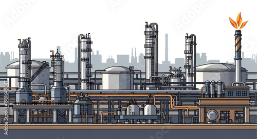 Complex Industrial Oil Refinery Plant with Towers and Storage Tanks.
