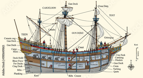 Detailed diagram illustrating the various parts and sections of a historical sailing ship, including decks, masts, and hull components.