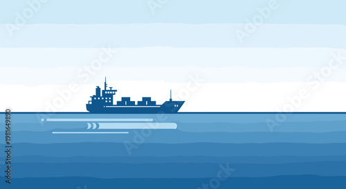 A cargo ship carrying containers sails across a calm blue ocean under a clear sky.